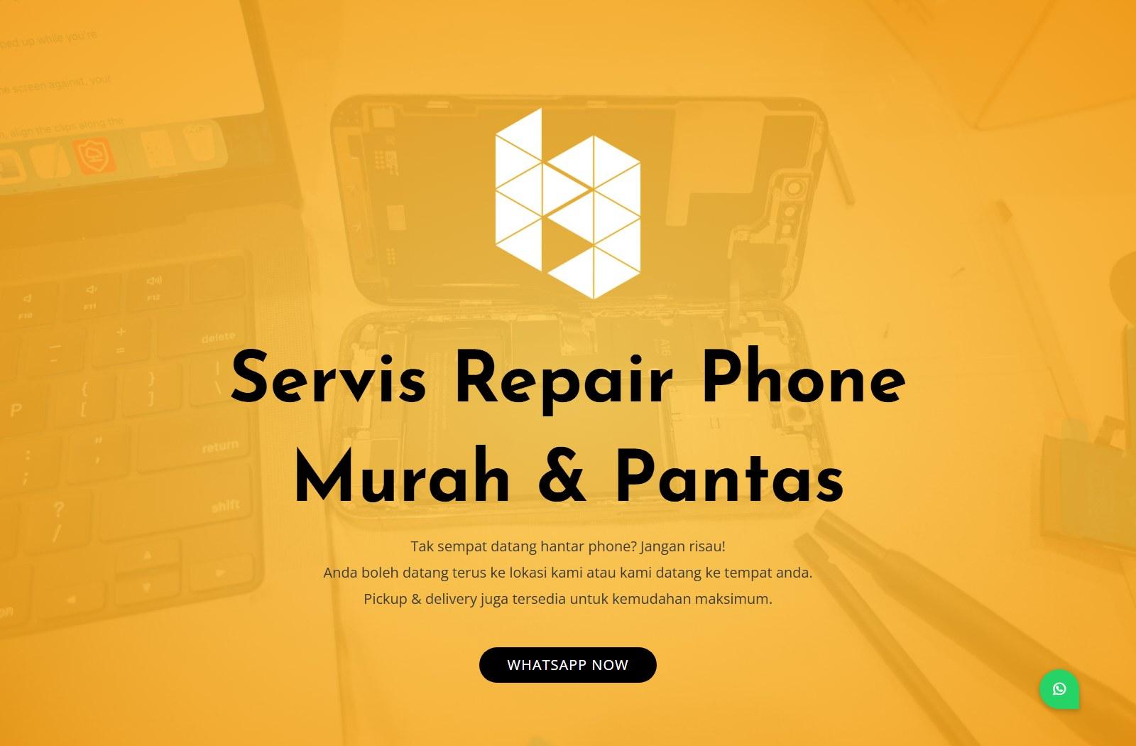 Website iPhoneRepairMurahKL dengan paparan utama kuning dan pilihan servis repair phone