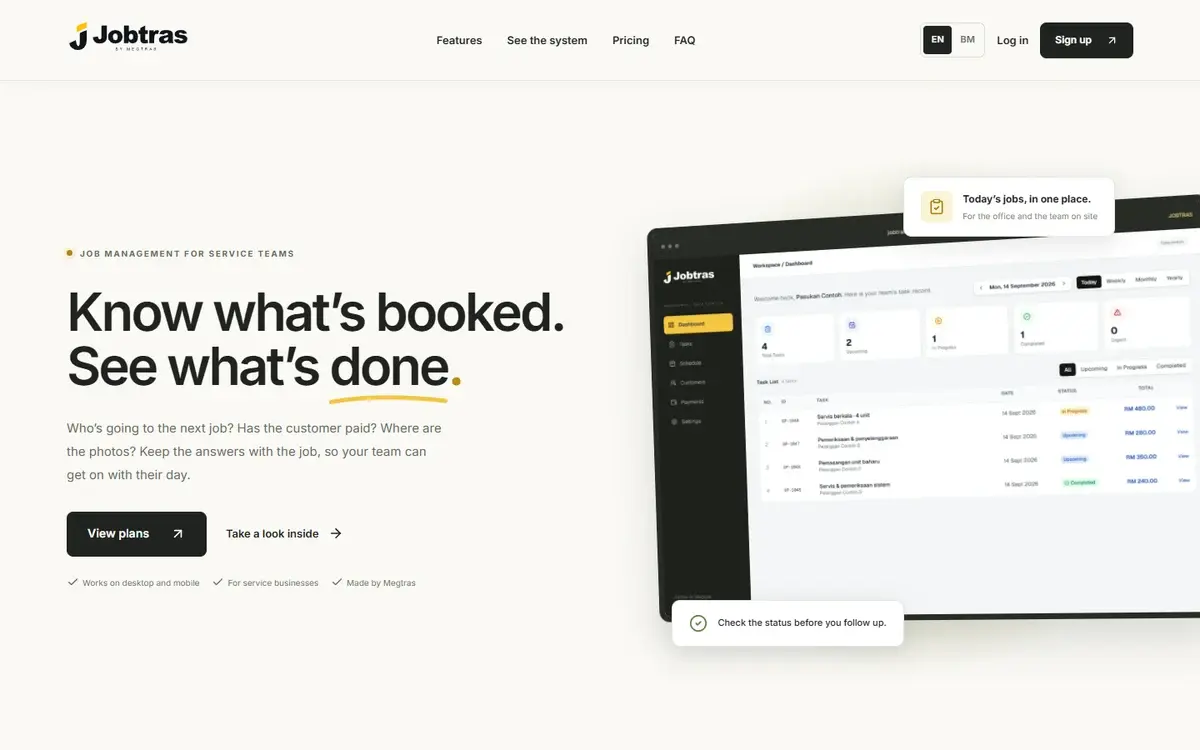 Landing page Jobtras dengan ciri produk, pratonton sistem dan pilihan pelan