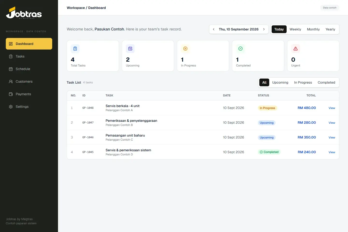 Paparan dashboard tugasan Jobtras di komputer dengan data kerja rekaan